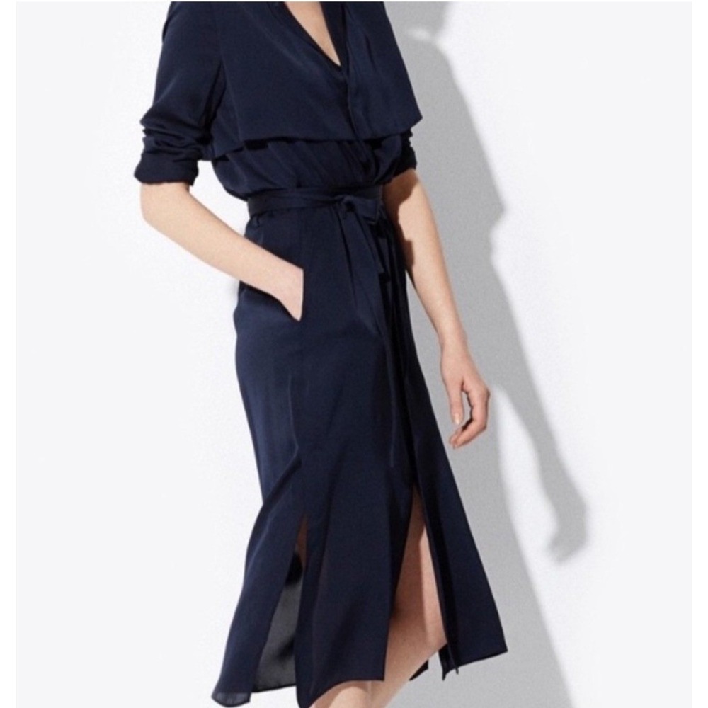 AYR The Silk Trench Dress Deep Marine Navy Blue 100% Silk Midi Size L - Picture 2 of 12